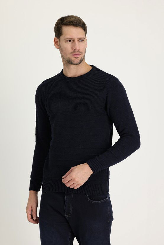 Erkek Giyim - Bisiklet Yaka Slim Fit Dar Kesim Desenli Triko Kazak
