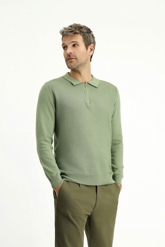 Erkek Giyim - Polo Yaka Regular Fit Fermuarlı Desenli Pamuklu Triko Kazak