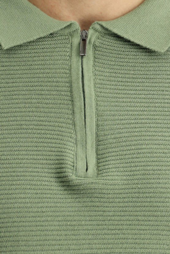 Erkek Giyim - Polo Yaka Regular Fit Fermuarlı Desenli Pamuklu Triko Kazak