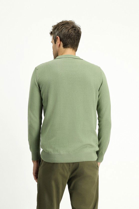 Erkek Giyim - Polo Yaka Regular Fit Fermuarlı Desenli Pamuklu Triko Kazak