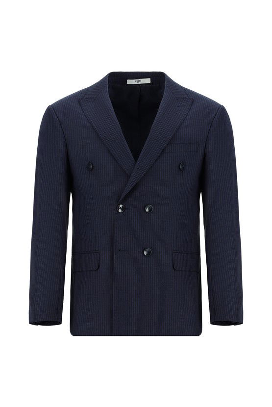 Erkek Giyim - Super Slim Fit Ekstra Dar Kesim Çizgili Yünlü Kruvaze Takım Elbise