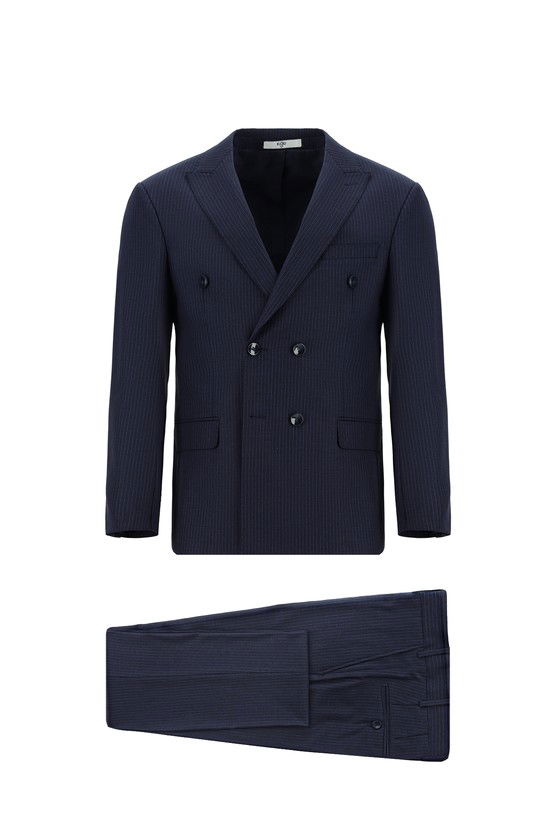 Erkek Giyim - Super Slim Fit Ekstra Dar Kesim Çizgili Yünlü Kruvaze Takım Elbise