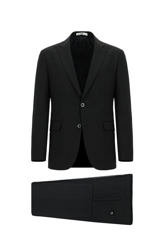 Erkek Giyim - Slim Fit Dar Kesim Yünlü Klasik Çizgili Takım Elbise
