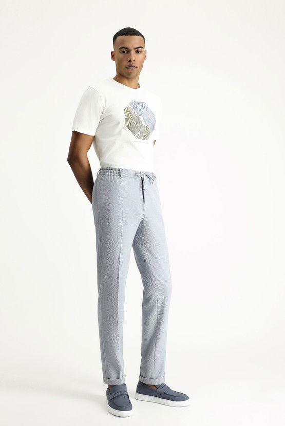 Erkek Giyim - Super Slim Fit Ekstra Dar Kesim Beli Lastikli İpli Gofre Likralı Klasik Kumaş Pantolon