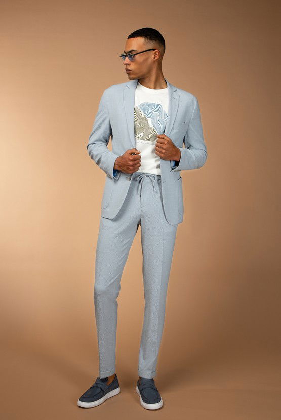 Erkek Giyim - Super Slim Fit Ekstra Dar Kesim Beli Lastikli İpli Gofre Likralı Klasik Kumaş Pantolon