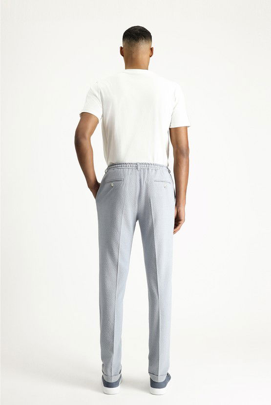 Erkek Giyim - Super Slim Fit Ekstra Dar Kesim Beli Lastikli İpli Gofre Likralı Klasik Kumaş Pantolon