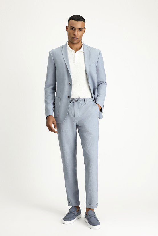 Erkek Giyim - Super Slim Fit Ekstra Dar Kesim Beli Lastikli İpli Gofre Likralı Klasik Kumaş Pantolon
