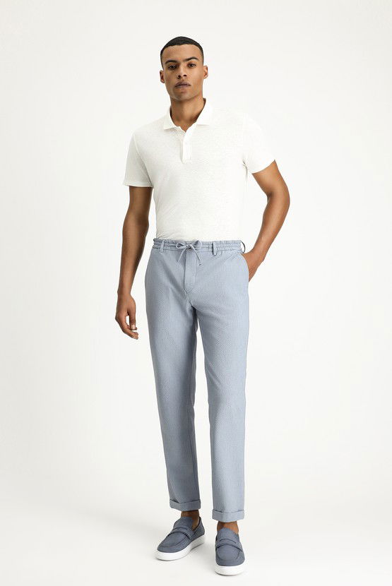 Erkek Giyim - Super Slim Fit Ekstra Dar Kesim Beli Lastikli İpli Gofre Likralı Klasik Kumaş Pantolon