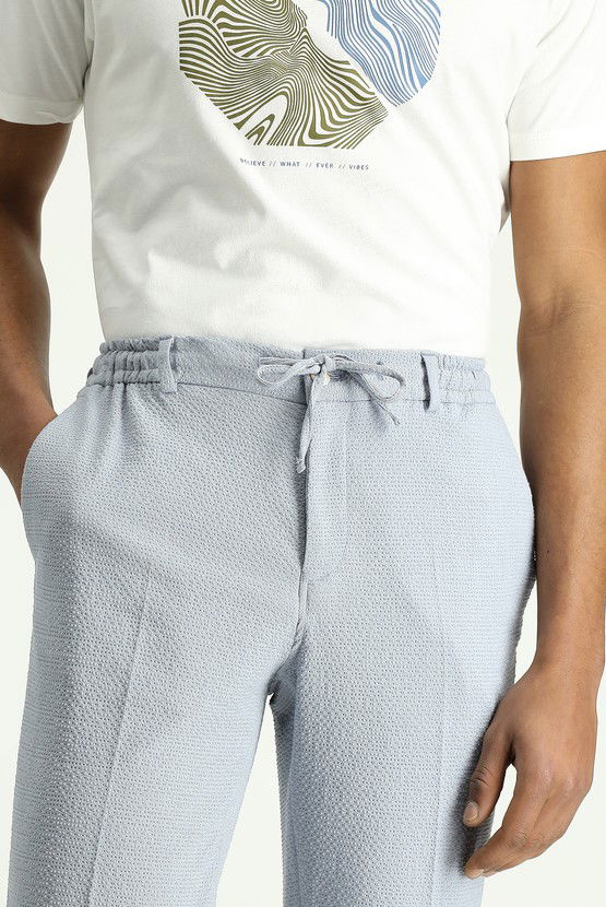 Erkek Giyim - Super Slim Fit Ekstra Dar Kesim Beli Lastikli İpli Gofre Likralı Klasik Kumaş Pantolon