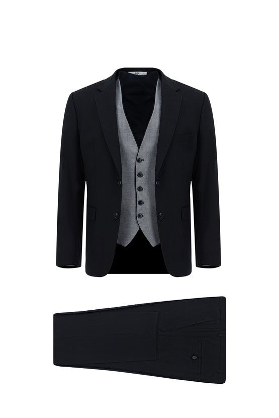 Erkek Giyim - Slim Fit Dar Kesim Yelekli Takım Elbise