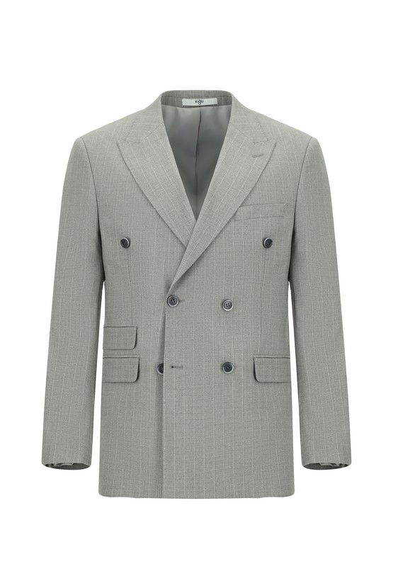 Erkek Giyim - Slim Fit Dar Kesim Çizgili Kruvaze Takım Elbise