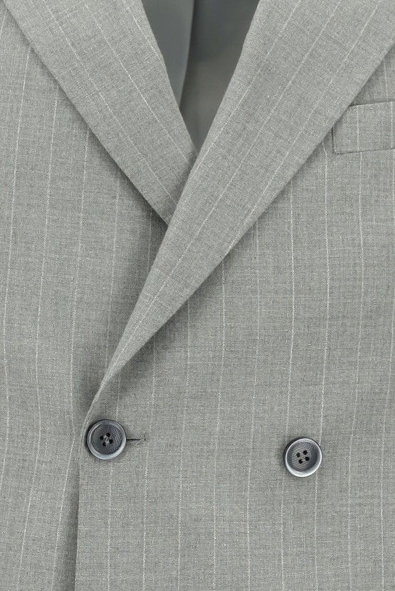 Erkek Giyim - Slim Fit Dar Kesim Çizgili Kruvaze Takım Elbise
