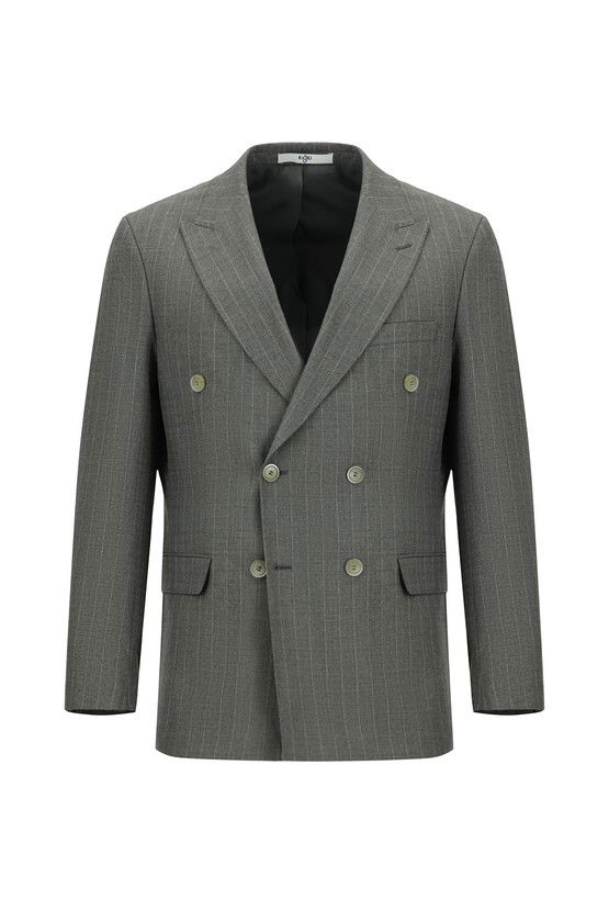 Erkek Giyim - Slim Fit Dar Kesim Çizgili Kruvaze Takım Elbise
