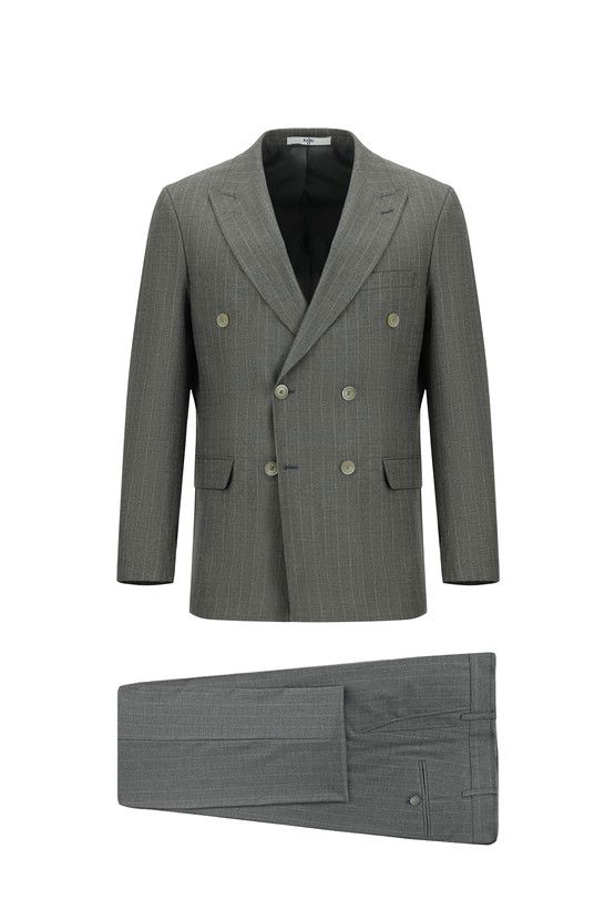 Erkek Giyim - Slim Fit Dar Kesim Çizgili Kruvaze Takım Elbise