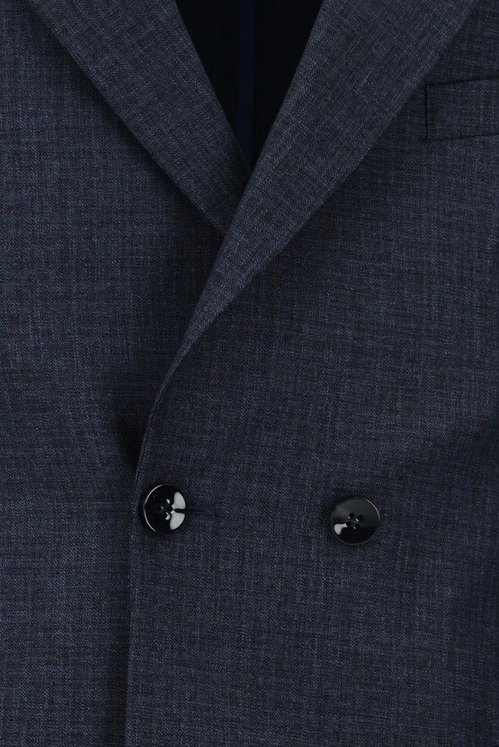 Erkek Giyim - Slim Fit Dar Kesim Desenli Kruvaze Takım Elbise