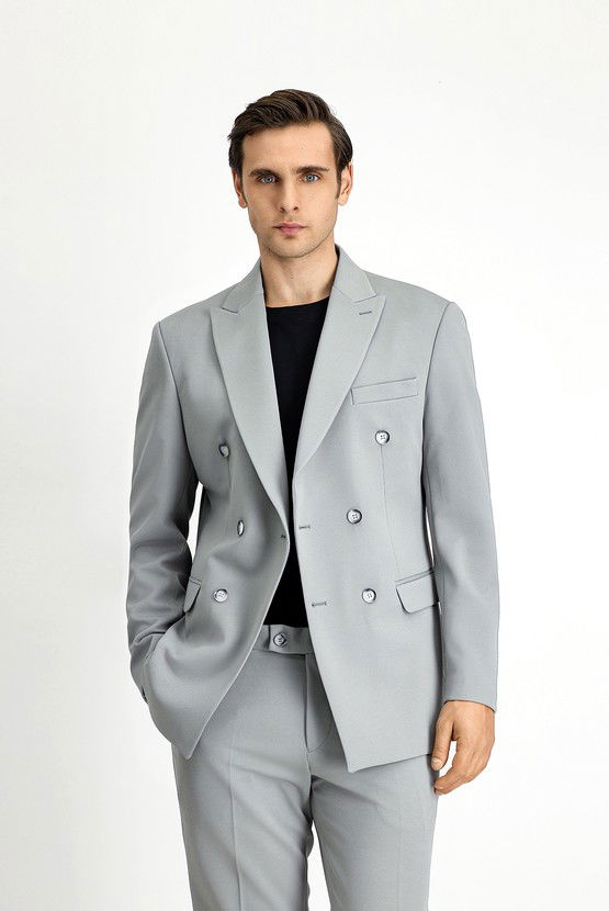 Erkek Giyim - Slim Fit Dar Kesim Kruvaze Takım Elbise