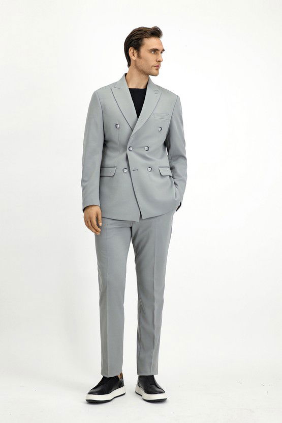 Erkek Giyim - Slim Fit Dar Kesim Kruvaze Takım Elbise