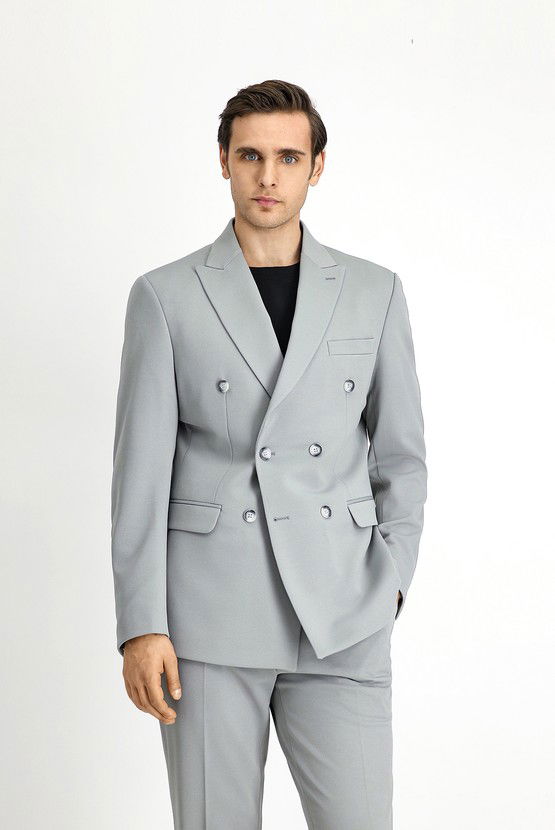 Erkek Giyim - Slim Fit Dar Kesim Kruvaze Takım Elbise