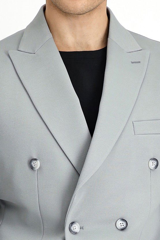 Erkek Giyim - Slim Fit Dar Kesim Kruvaze Takım Elbise