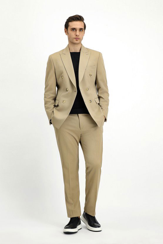 Erkek Giyim - Slim Fit Dar Kesim Kruvaze Takım Elbise
