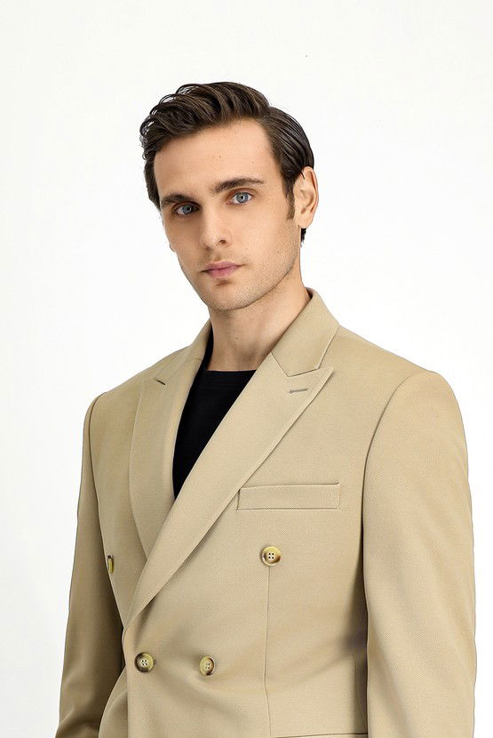 Erkek Giyim - Slim Fit Dar Kesim Kruvaze Takım Elbise