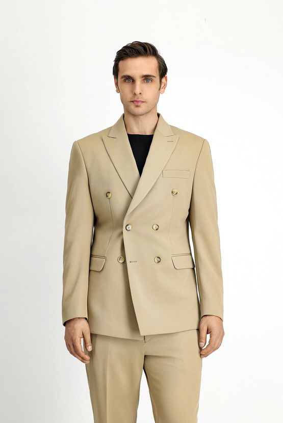 Erkek Giyim - Slim Fit Dar Kesim Kruvaze Takım Elbise