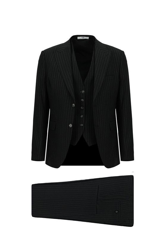 Erkek Giyim - Slim Fit Dar Kesim Çizgili Kombinli Yelekli Takım Elbise