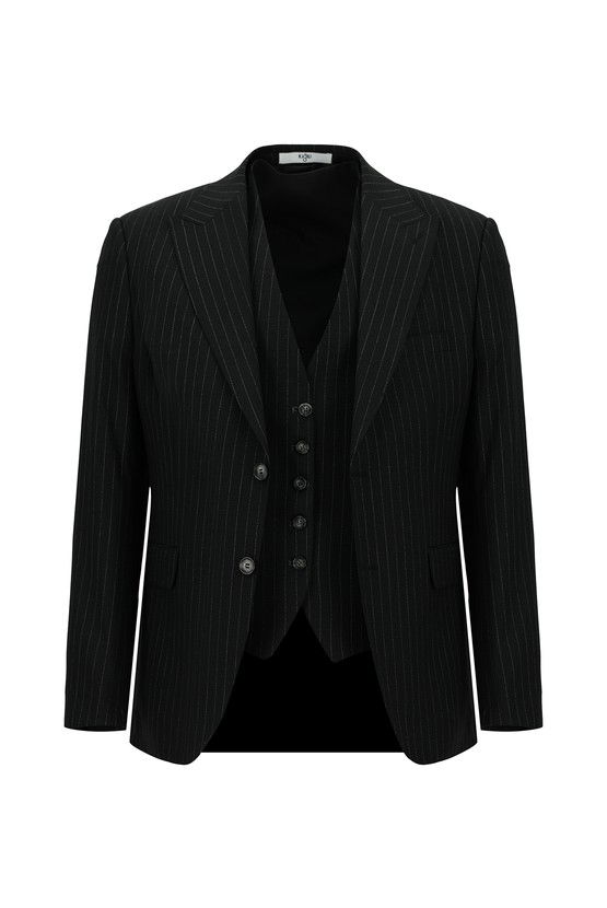 Erkek Giyim - Slim Fit Dar Kesim Çizgili Kombinli Yelekli Takım Elbise