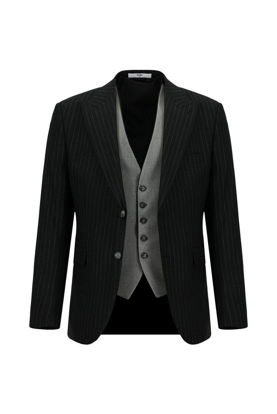 Erkek Giyim - Slim Fit Dar Kesim Çizgili Kombinli Yelekli Takım Elbise