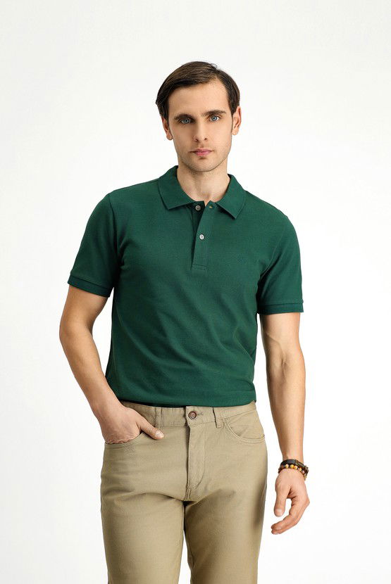 Erkek Giyim - Polo Yaka Slim Fit Dar Kesim Nakışlı Pamuk Tişört