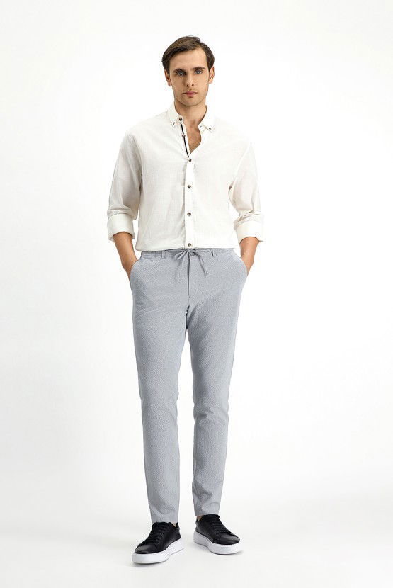 Erkek Giyim - Super Slim Fit Ekstra Dar Kesim Beli Lastikli İpli Gofre Likralı Klasik Kumaş Pantolon