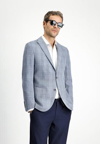 Erkek Giyim - MAVİ 60 Beden Slim Fit Dar Kesim Yünlü Keten Karışımlı Ekose Spor Ceket