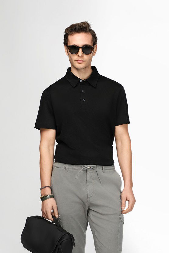 Erkek Giyim - Slim Fit Dar Kesim Pamuk Desenli Polo Yaka Tişört