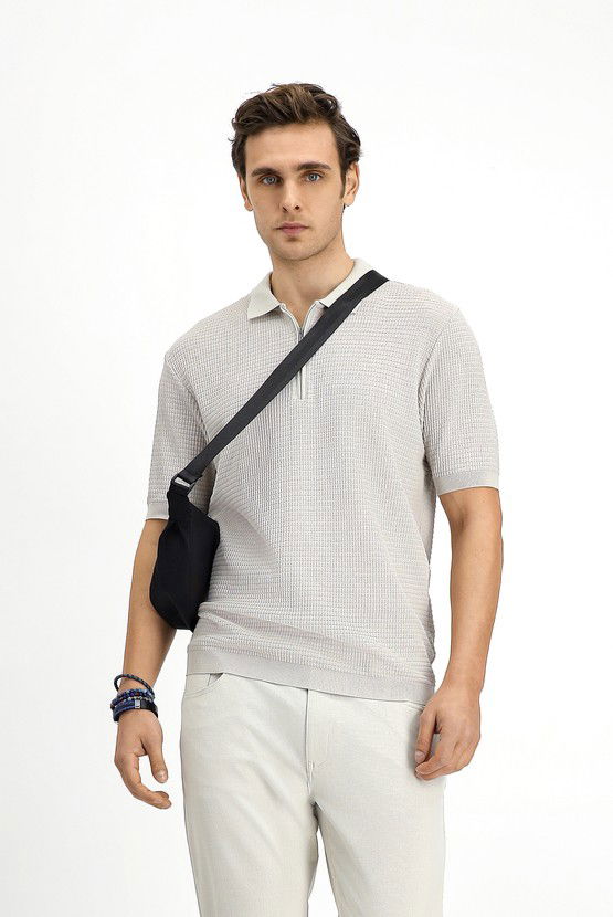 Erkek Giyim - Slim Fit Dar Kesim Pamuk Desenli Fermuarlı Polo Yaka Tişört