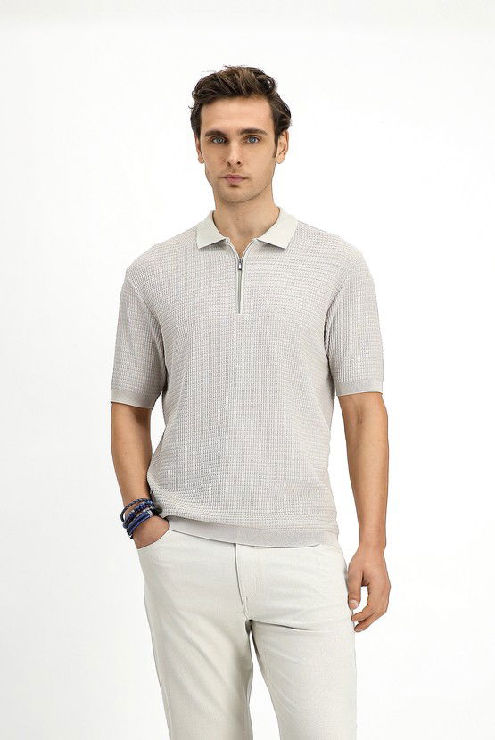 Erkek Giyim - Slim Fit Dar Kesim Pamuk Desenli Fermuarlı Polo Yaka Tişört