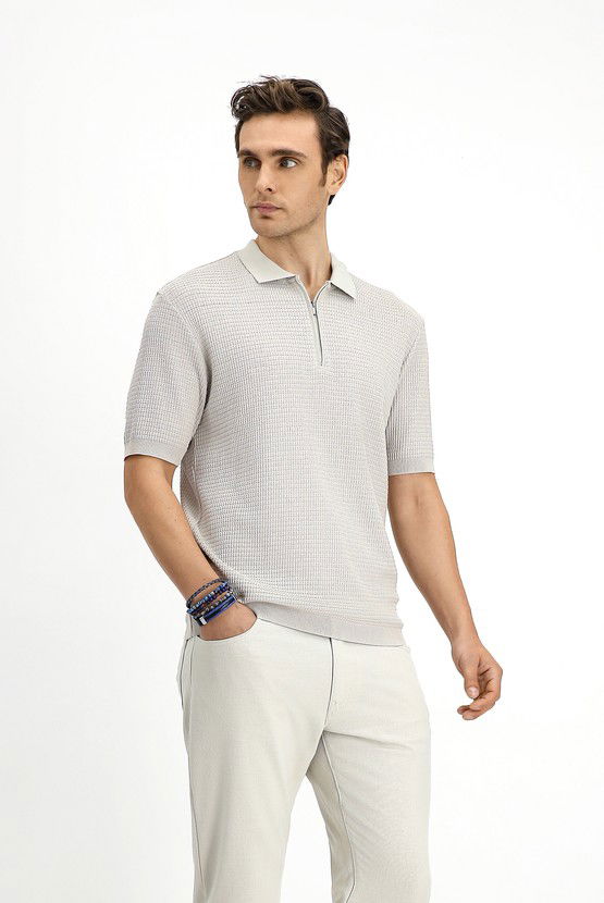 Erkek Giyim - Slim Fit Dar Kesim Pamuk Desenli Fermuarlı Polo Yaka Tişört