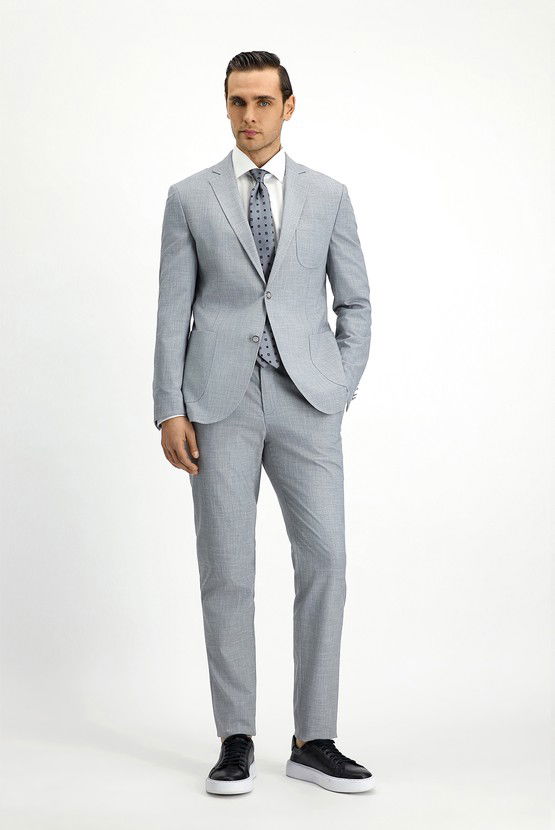 Erkek Giyim - Super Slim Fit Ekstra Dar Kesim Desenli Beli Lastikli İpli Takım Elbise