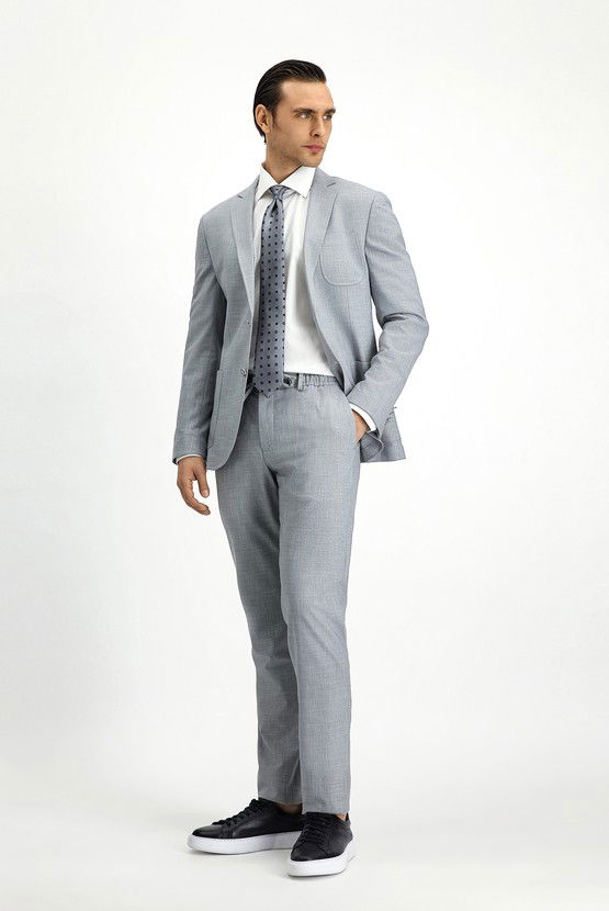 Erkek Giyim - Super Slim Fit Ekstra Dar Kesim Desenli Beli Lastikli İpli Takım Elbise