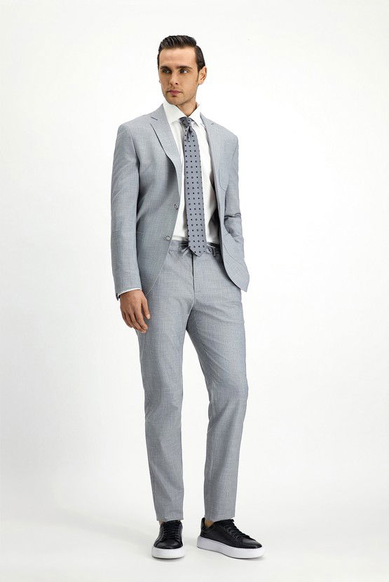 Erkek Giyim - Super Slim Fit Ekstra Dar Kesim Desenli Beli Lastikli İpli Takım Elbise