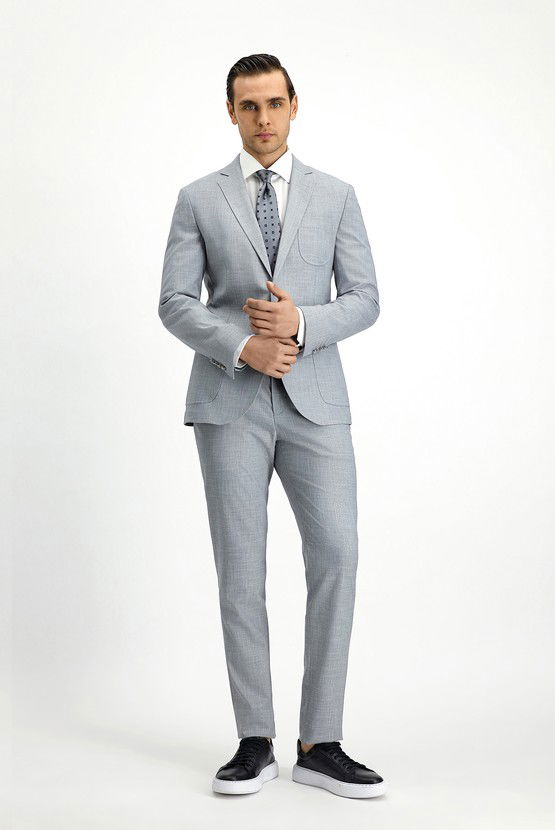 Erkek Giyim - Super Slim Fit Ekstra Dar Kesim Desenli Beli Lastikli İpli Takım Elbise