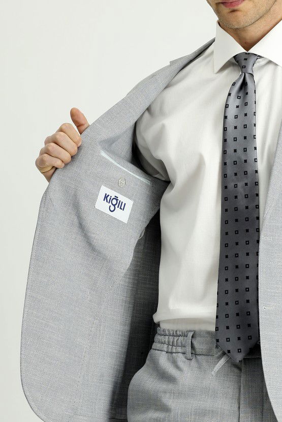 Erkek Giyim - Super Slim Fit Ekstra Dar Kesim Desenli Beli Lastikli İpli Takım Elbise