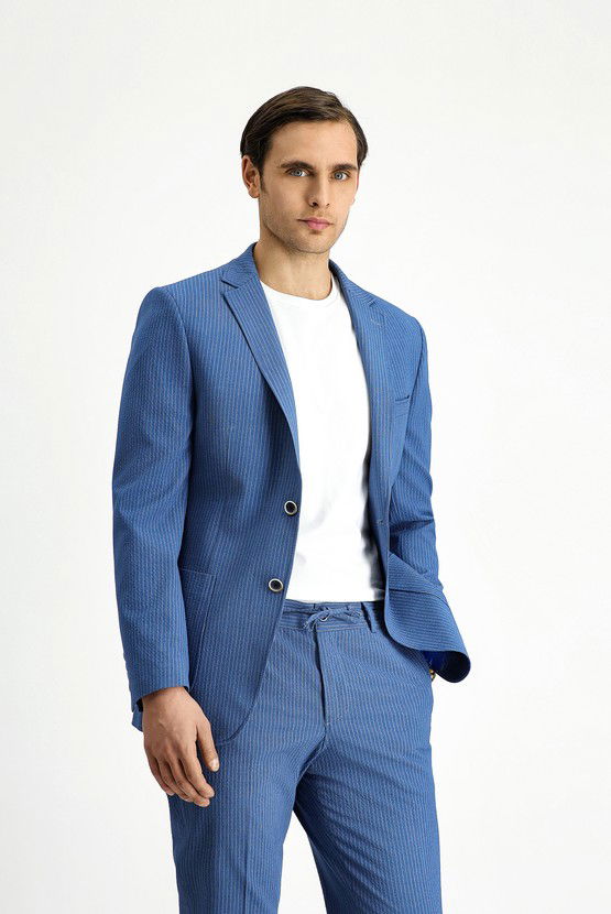 Erkek Giyim - Super Slim Fit Ekstra Dar Kesim Çizgili Beli Lastikli İpli Gofre Takım Elbise