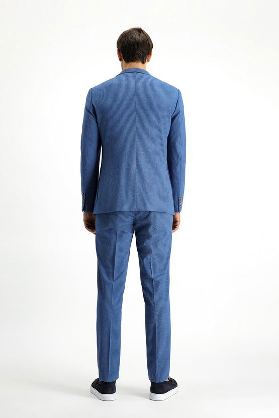 Erkek Giyim - Super Slim Fit Ekstra Dar Kesim Çizgili Beli Lastikli İpli Gofre Takım Elbise