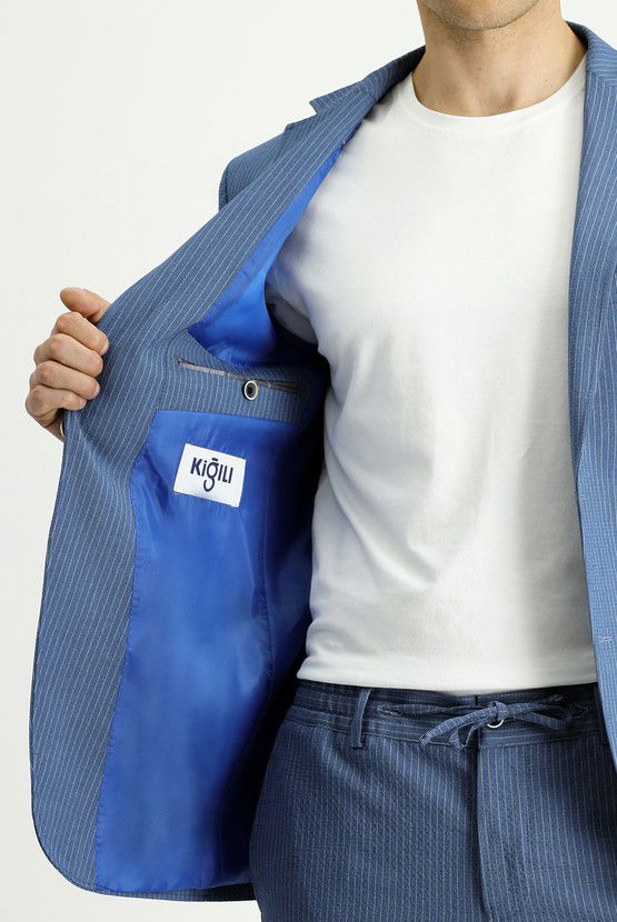 Erkek Giyim - Super Slim Fit Ekstra Dar Kesim Çizgili Beli Lastikli İpli Gofre Takım Elbise