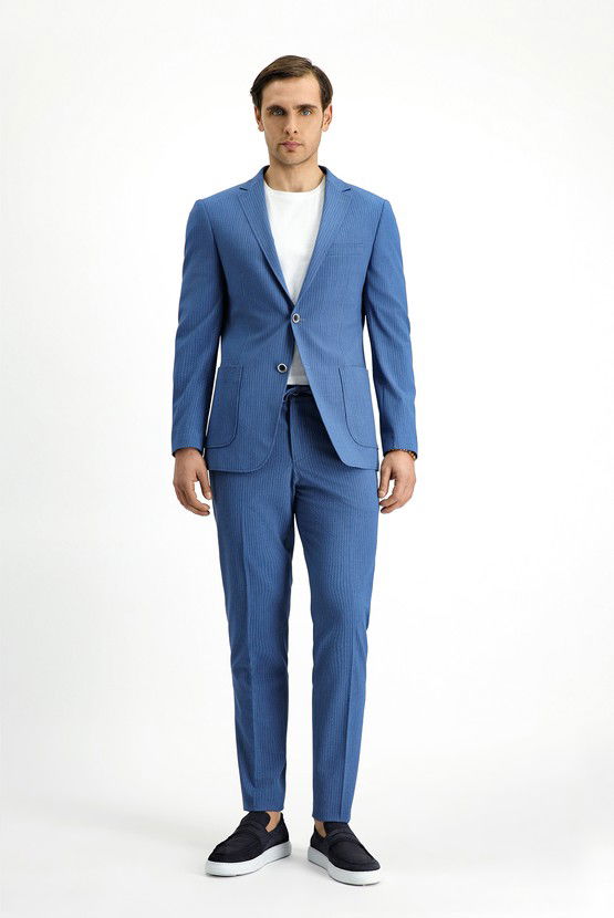 Erkek Giyim - Super Slim Fit Ekstra Dar Kesim Çizgili Beli Lastikli İpli Gofre Takım Elbise