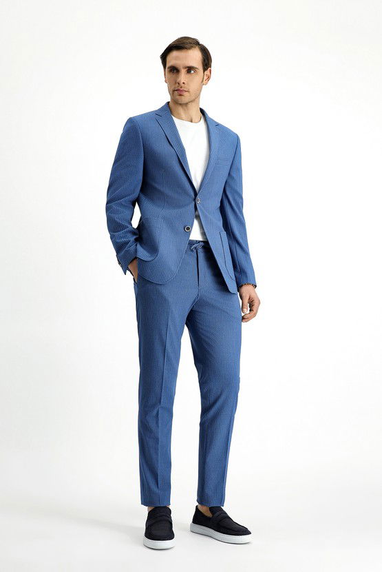 Erkek Giyim - Super Slim Fit Ekstra Dar Kesim Çizgili Beli Lastikli İpli Gofre Takım Elbise