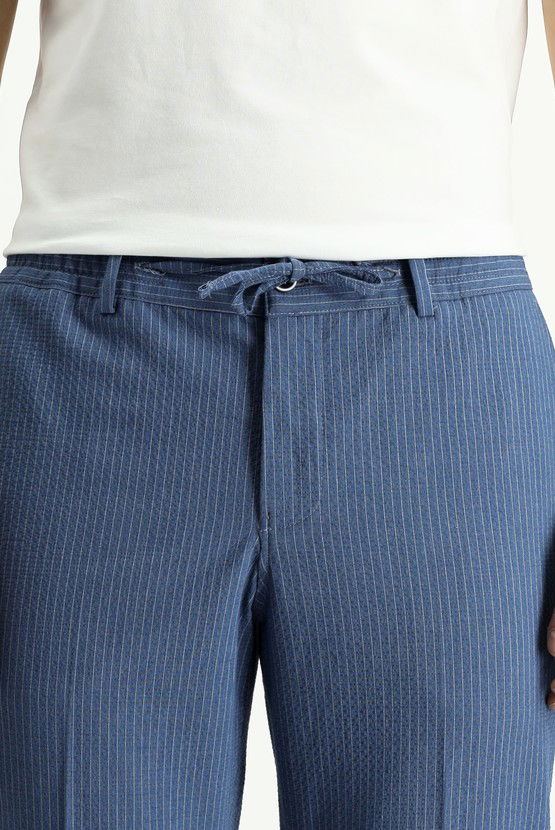 Erkek Giyim - Super Slim Fit Ekstra Dar Kesim Çizgili Beli Lastikli İpli Gofre Takım Elbise