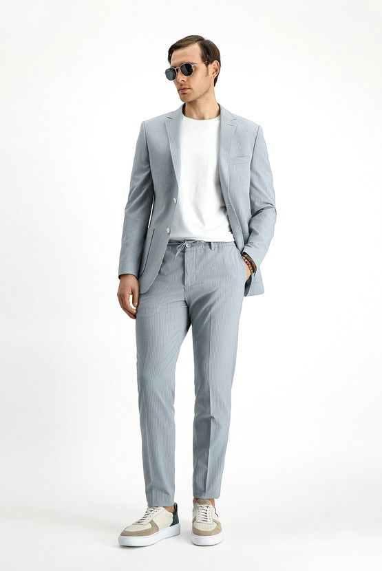 Erkek Giyim - Super Slim Fit Ekstra Dar Kesim Çizgili Beli Lastikli İpli Gofre Takım Elbise