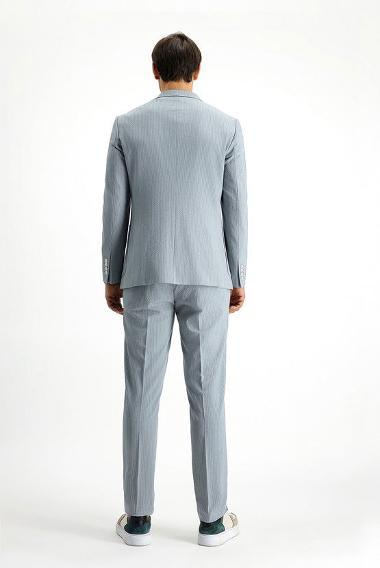Erkek Giyim - Super Slim Fit Ekstra Dar Kesim Çizgili Beli Lastikli İpli Gofre Takım Elbise