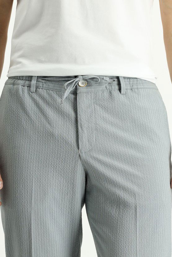 Erkek Giyim - Super Slim Fit Ekstra Dar Kesim Çizgili Beli Lastikli İpli Gofre Takım Elbise